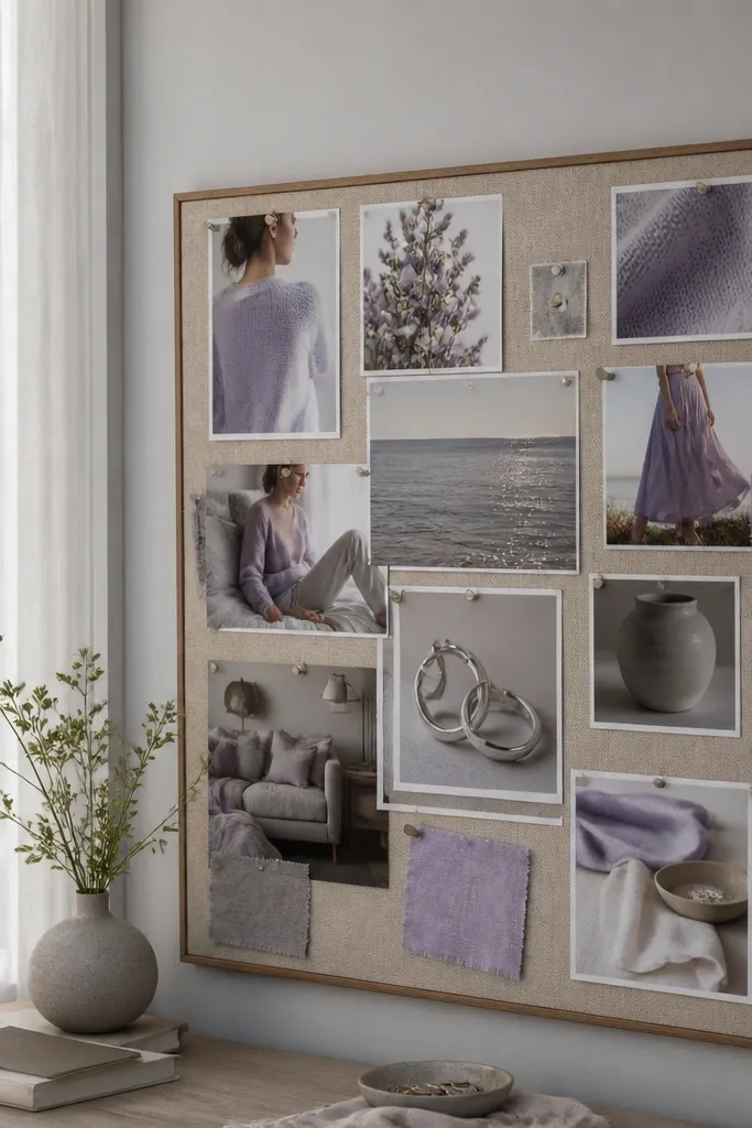 Lavender top, soft gray skirt, silver earrings, and light sneakers arranged in pale tones