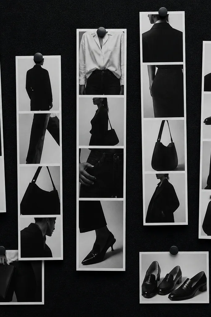 Black and white outfits, monochrome accessories, and framed strips on a board
