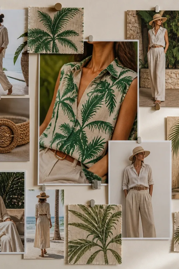 Palm green shirt, cream linen pants, woven belt, and sandals on a resort-style board