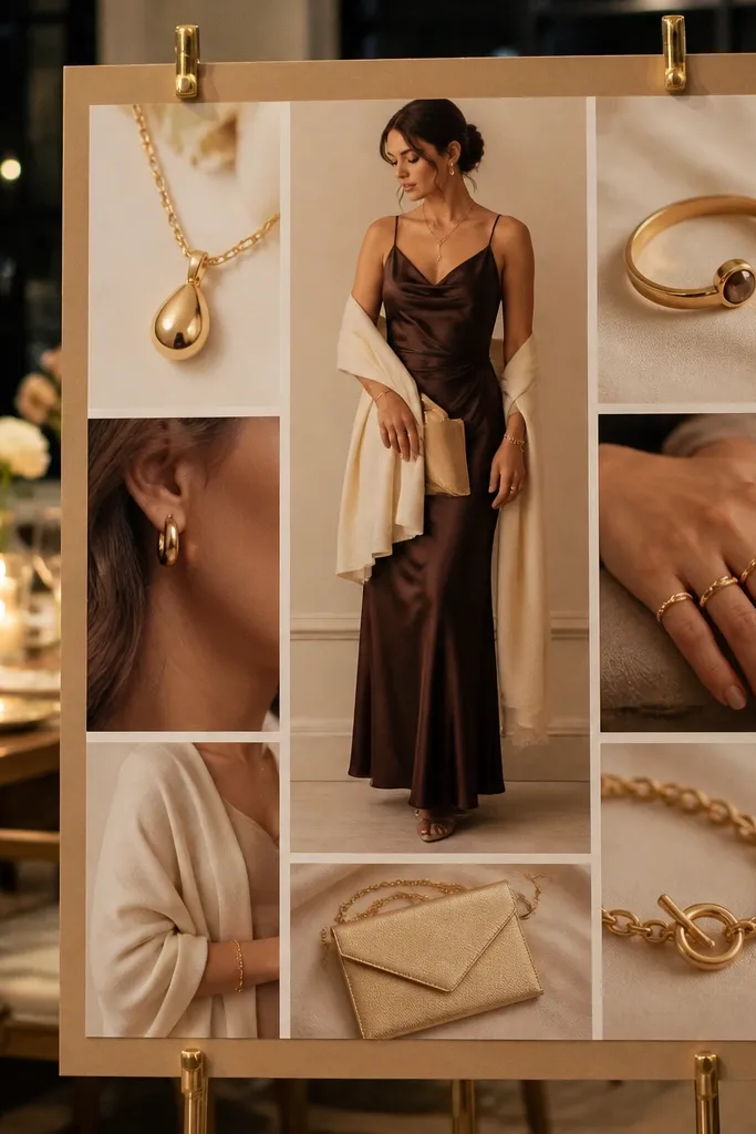 Chocolate dress, ivory shawl, gold clutch, and low-heel shoes arranged in a soft glam layout