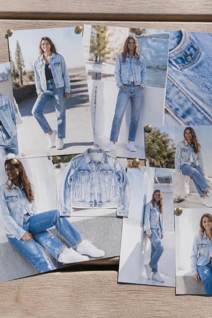 Different wash denim jacket and jeans, white sneakers, and simple belt on a blue fade board