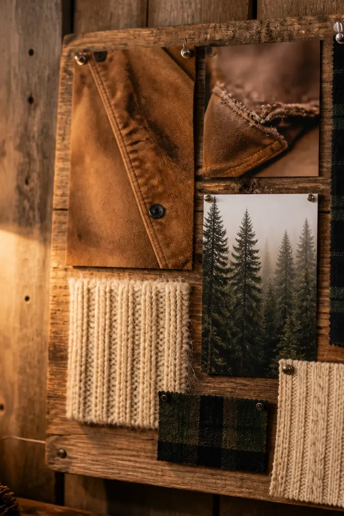 Camel suede textures with forest plaid and cream knit swatches