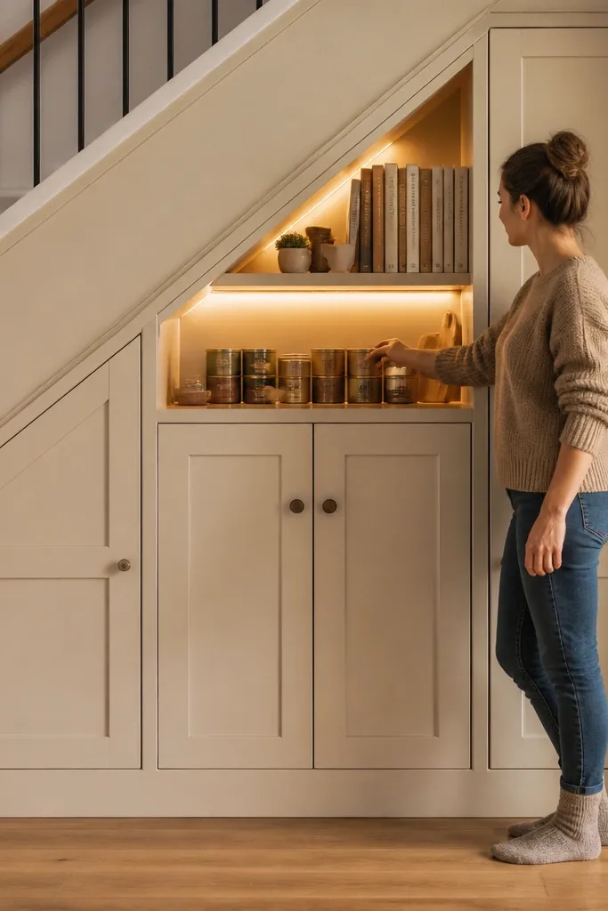 White shaker cabinet doors with warm LED glow inside under-stairs storage
