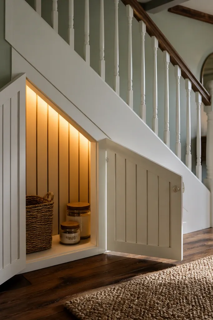 Cream board-and-batten doors with soft warm light glowing from inside cupboard
