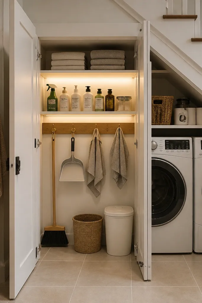 Under-stairs cupboard with peg rail and warm light shining on hooks