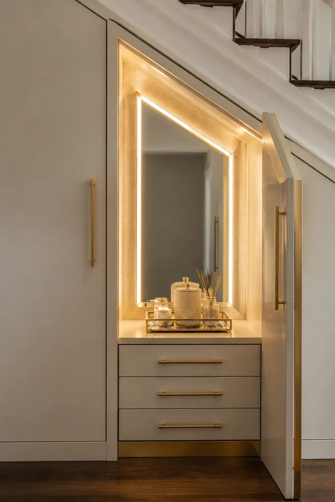 Cream under-stairs cabinet with gold handles and mirror panel glowing softly