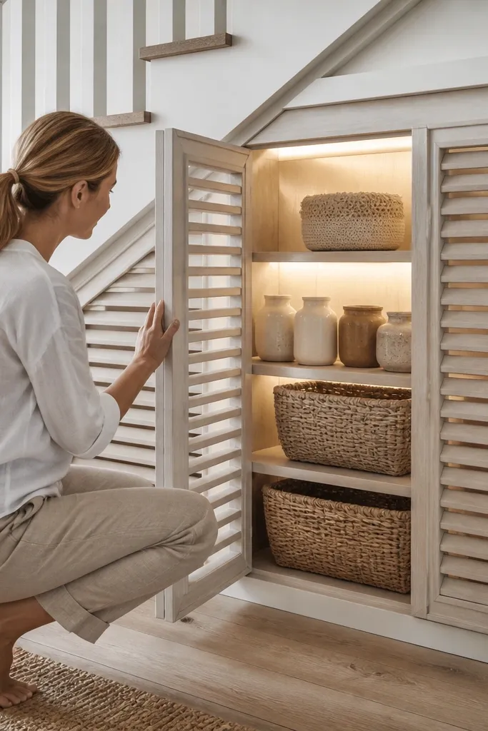 Light wood slatted doors with warm LED glow inside under-stairs storage
