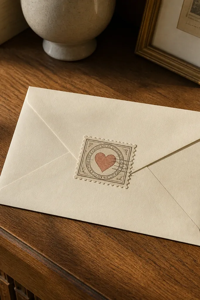 A faded postage stamp with a red heart in the center and love text around it.