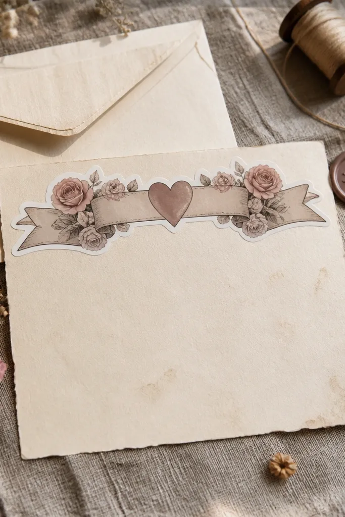 A vintage banner with small roses and a central heart tied with ribbon.