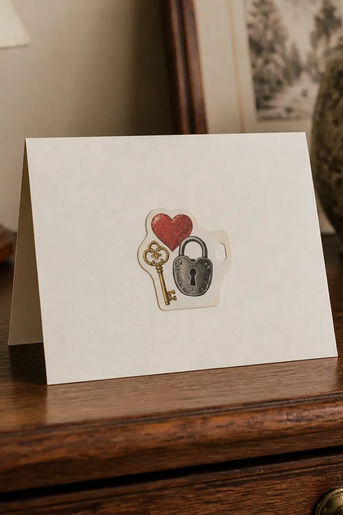 A tiny tag with a heart-shaped key and a small lock illustration.