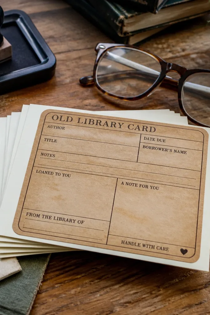 A vintage library card with heart icons and love-themed text blocks.