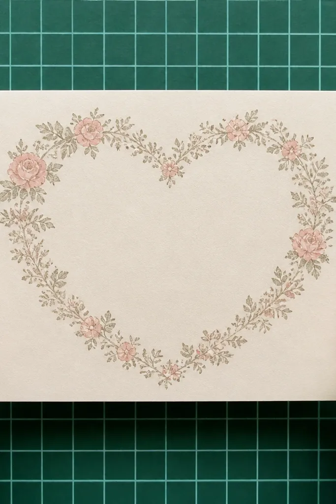 A thin heart-shaped frame with small faded flowers around it.