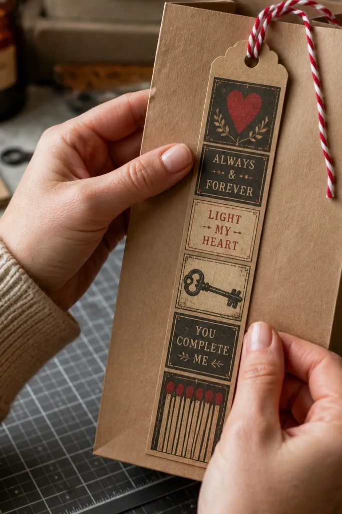 A narrow matchbook strip with love text and a small heart icon.
