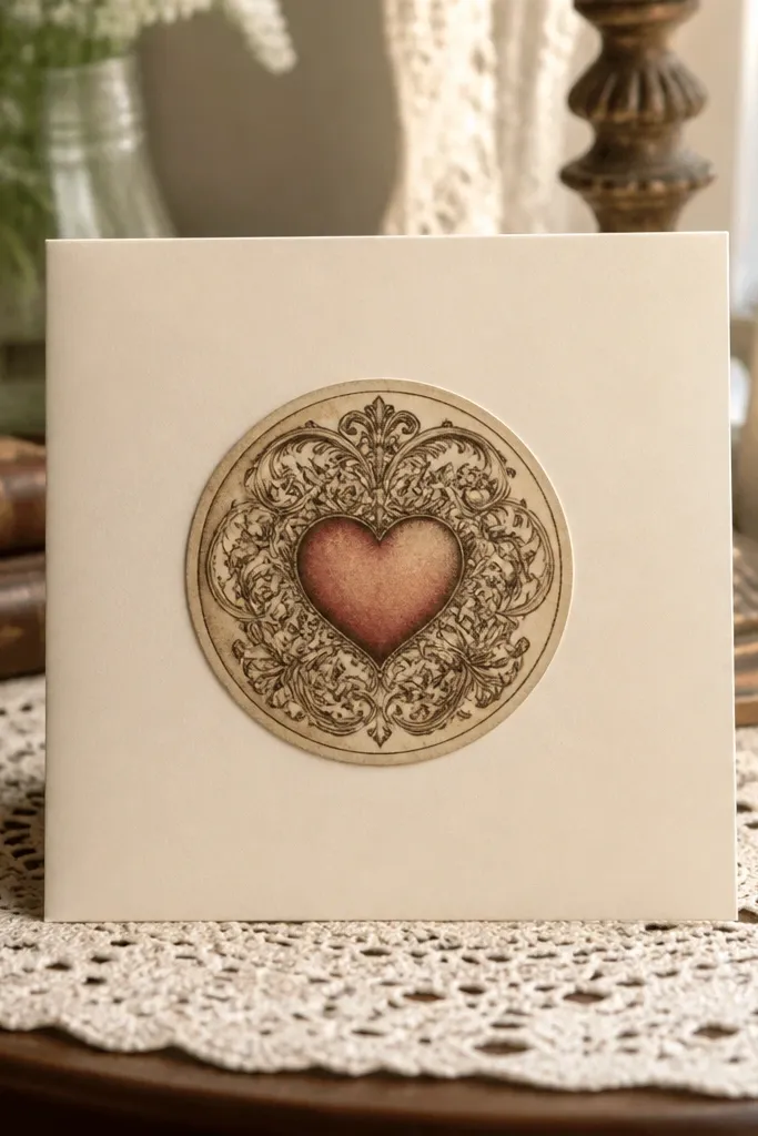 A circular vintage medallion with ornate swirls and a heart center.