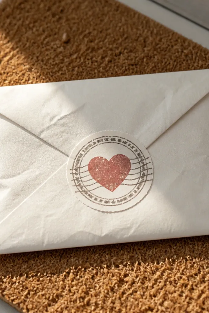 A stamp-style heart with a postmark cancel mark and love wording.
