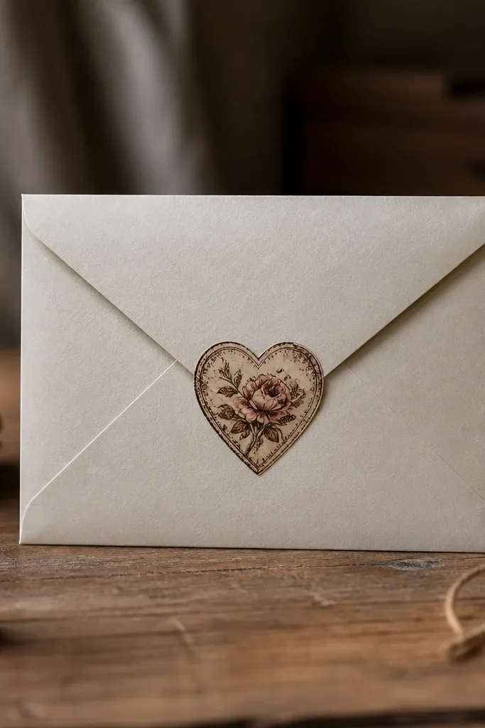 A vintage-style label sticker shaped for an envelope flap with hearts.
