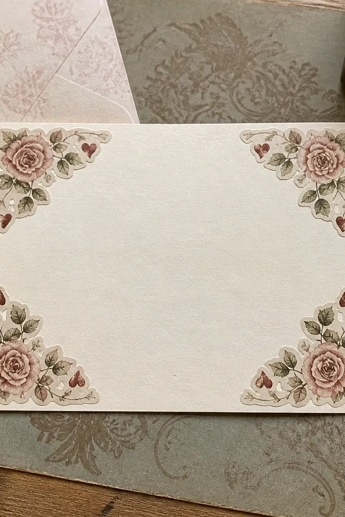 Four small corner stickers with faded roses and heart accents.