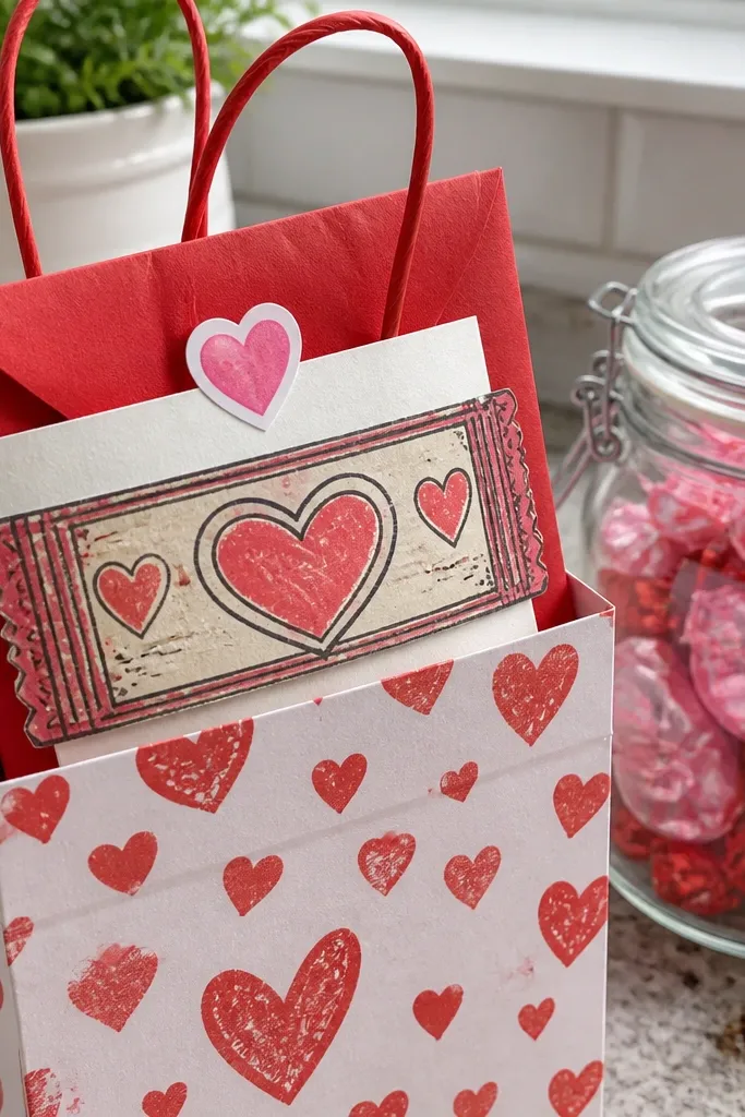 A candy-wrapper shaped sticker with hearts and vintage candy typography.