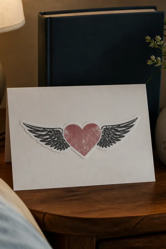 A heart with small worn wings and faded ink texture.