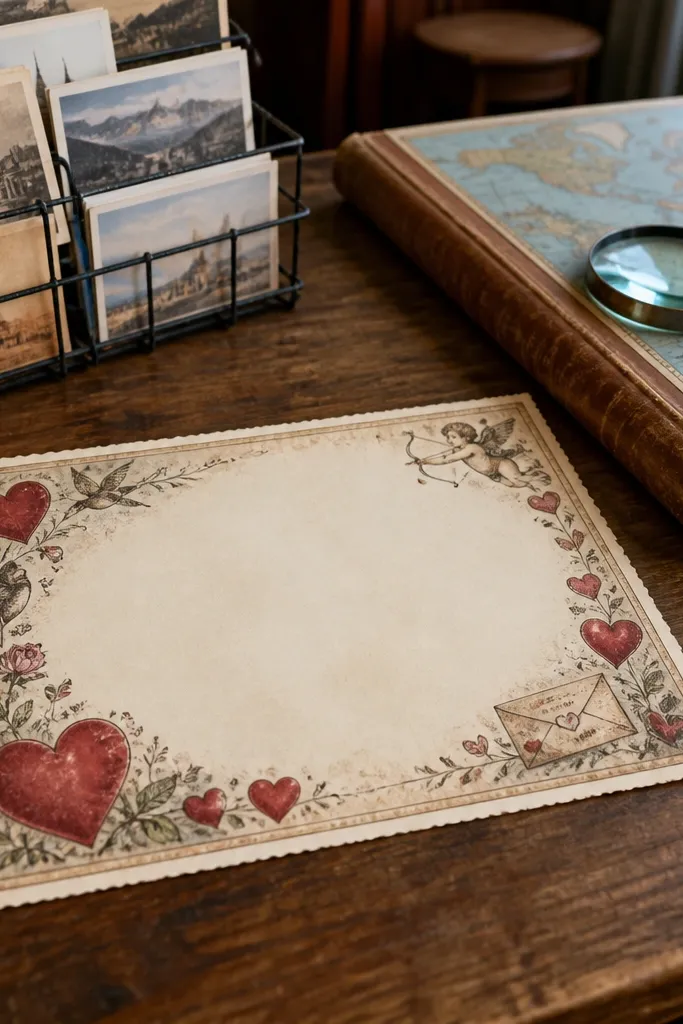 A postcard-style frame with faded heart icons and a blank message area.