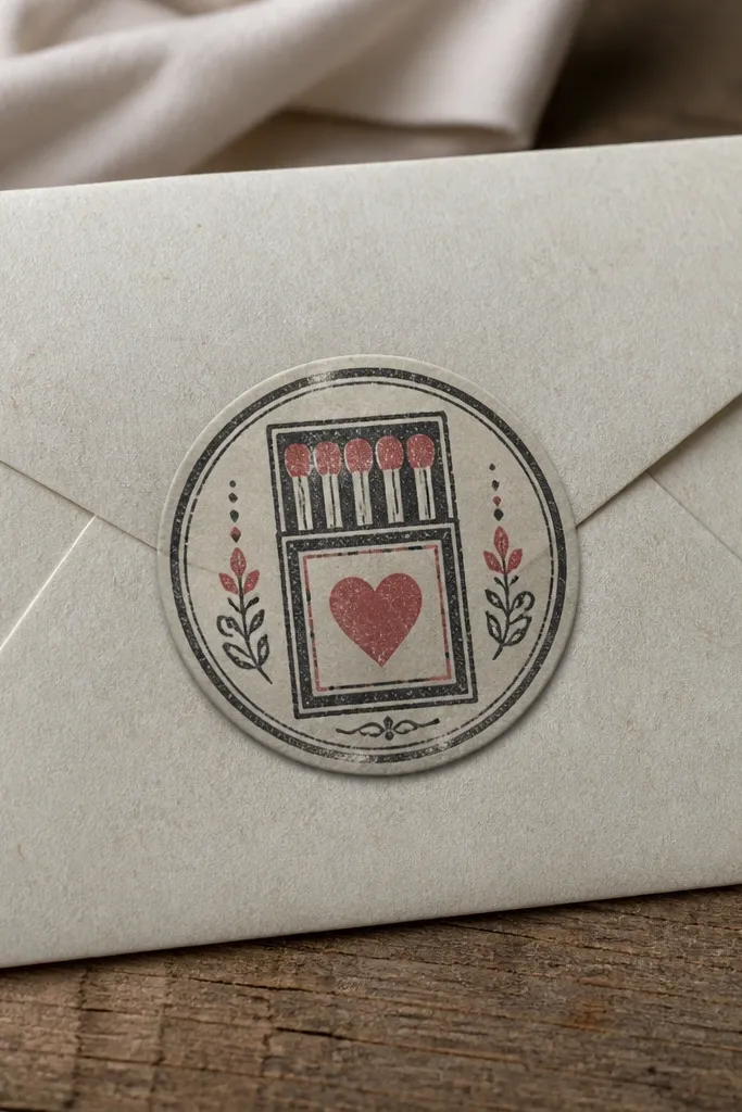 A small circular seal with match-like text and a heart symbol.