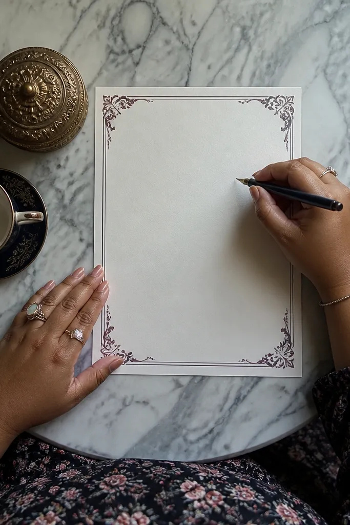 Cream sheet with thin Victorian corners and an ornate border frame.