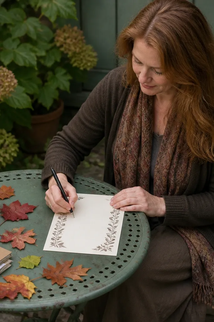 Cream paper with small pressed-leaf silhouettes along the margins.
