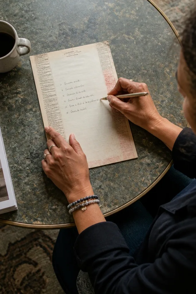 Cream paper with faint newspaper-style headings along the side.