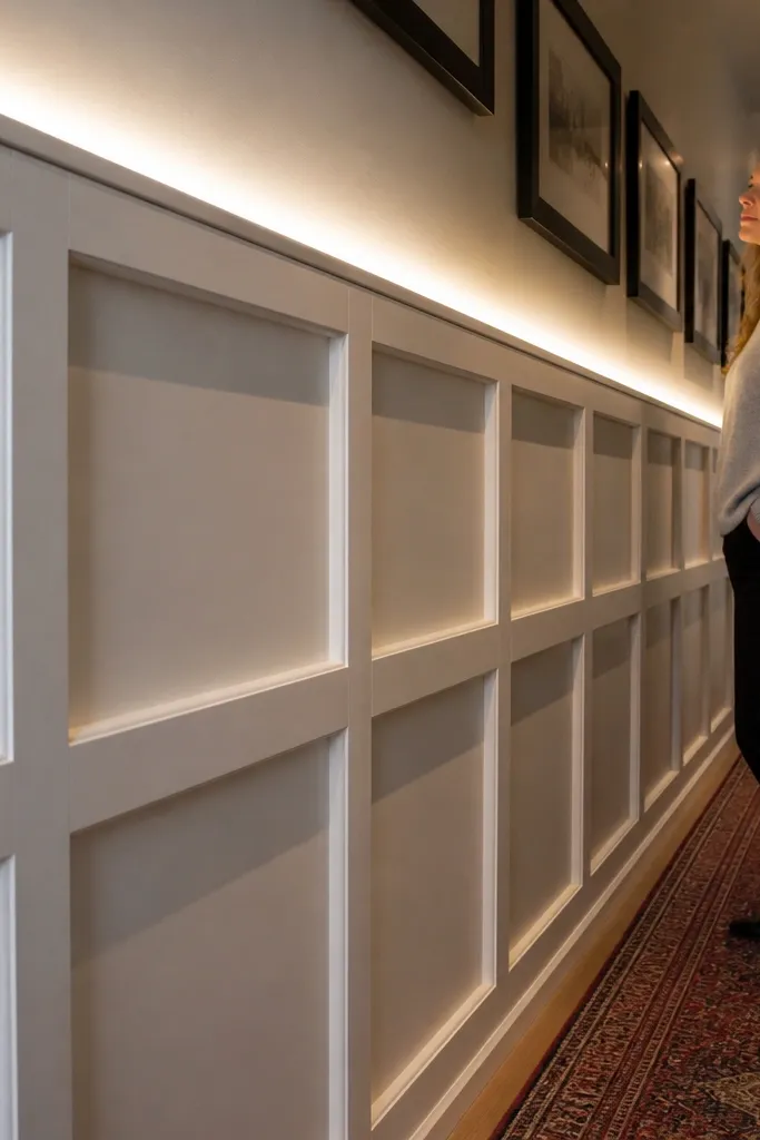 White wall with square frame moulding panels and hidden warm LED uplight