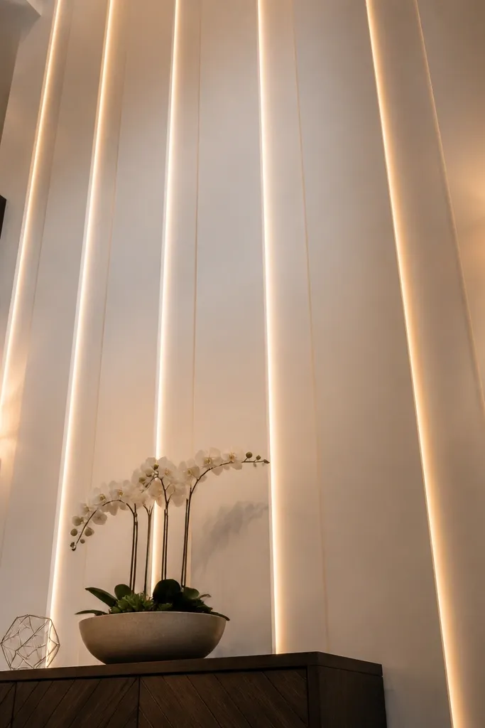 Wall with vertical moulding columns and warm LED glow between columns