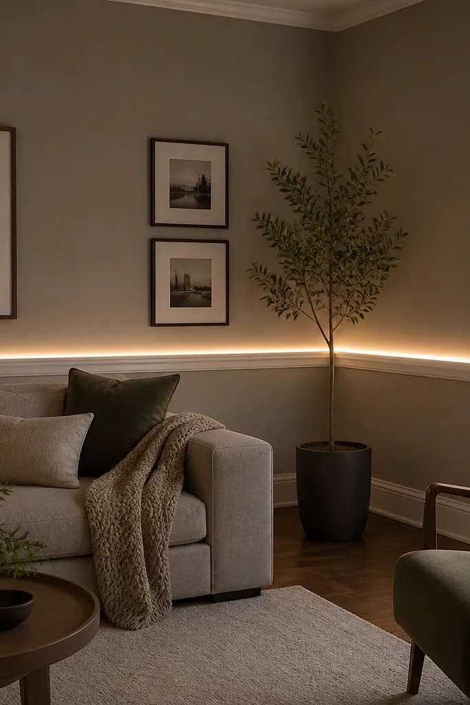 White wall with chair-rail moulding border and a soft continuous warm light line