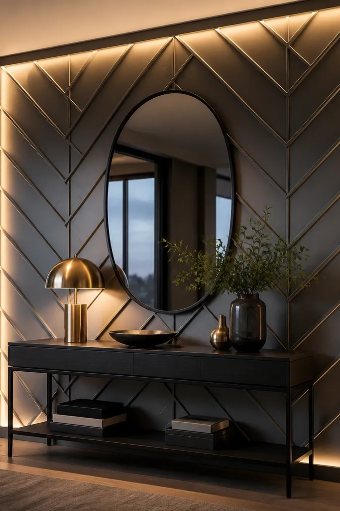 Wall with small herringbone moulding pattern and warm edge LEDs highlighting each section