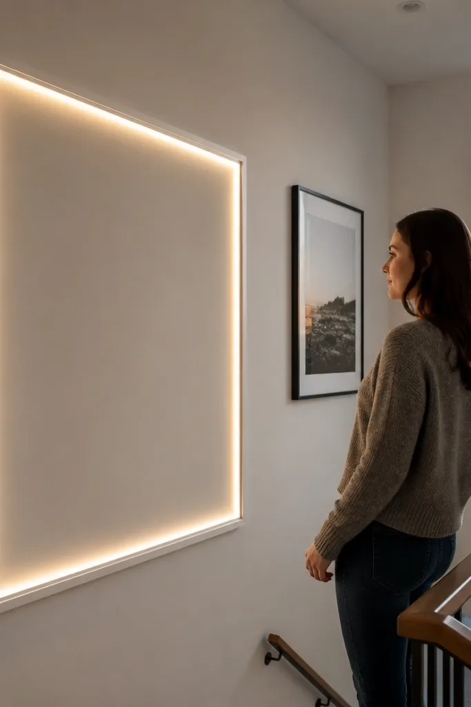 Large rectangle moulding frame with a thin warm LED glow line inside the border