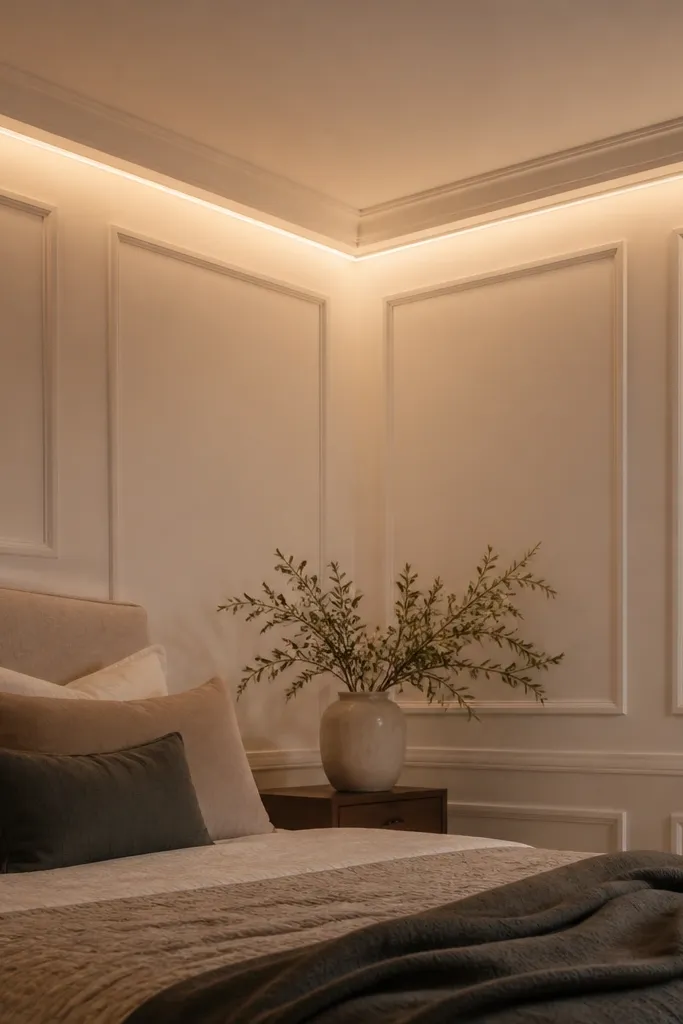 Wall corners meet a crown panel moulding with warm light spilling downward