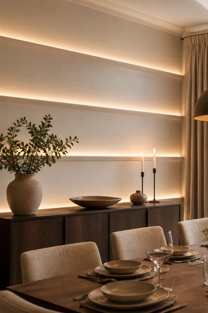 Wall has horizontal moulding shelves with warm LED glow under each segment