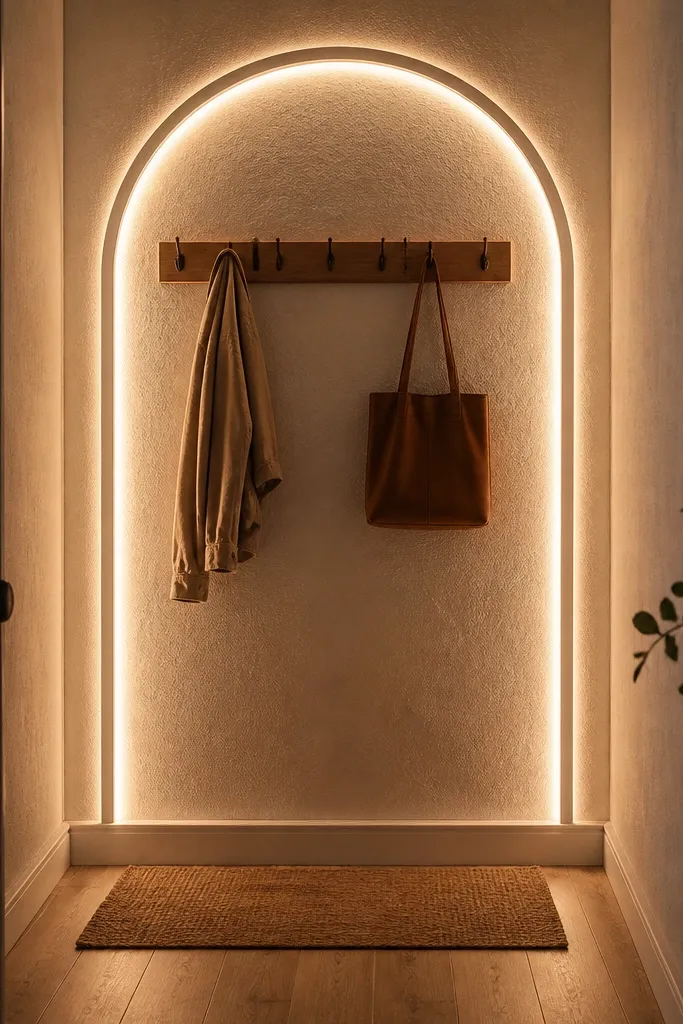Wall has an arched moulding accent with a warm halo-like LED glow around the curve