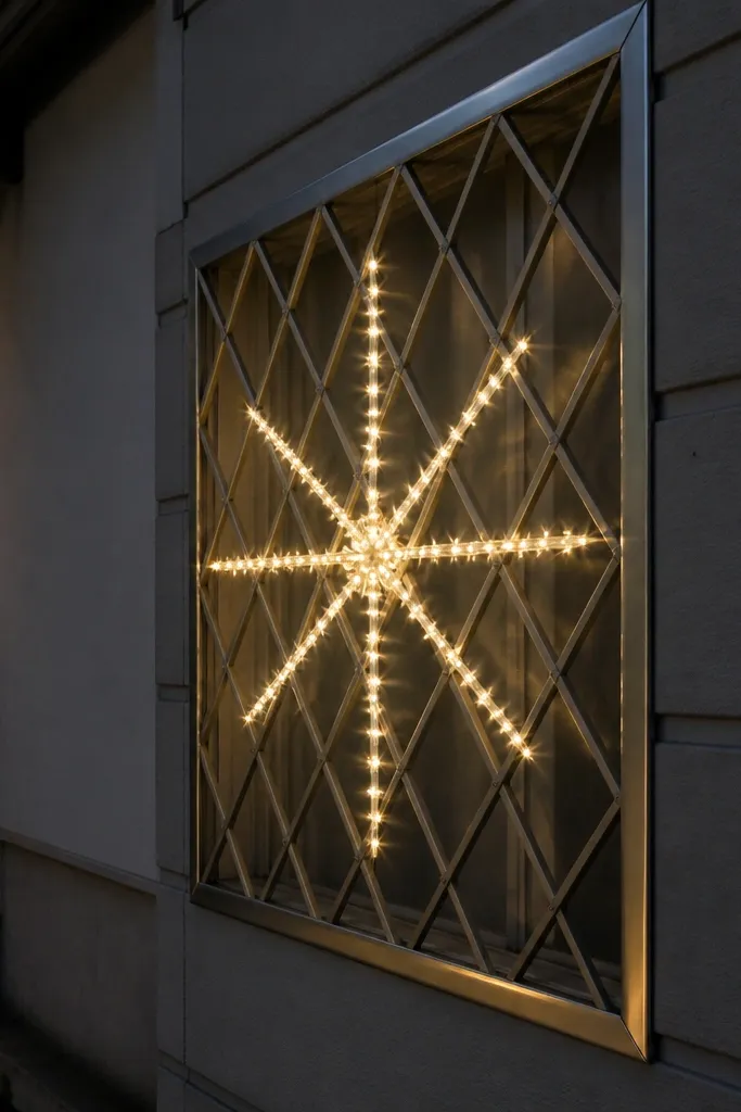 Black diamond lattice window grill with a subtle starburst light pattern in the center