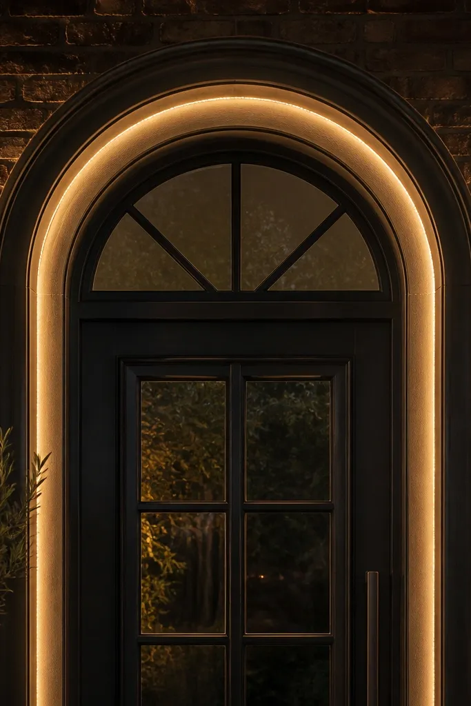 Window grill with an arched top and a warm halo of lights around the inner curve