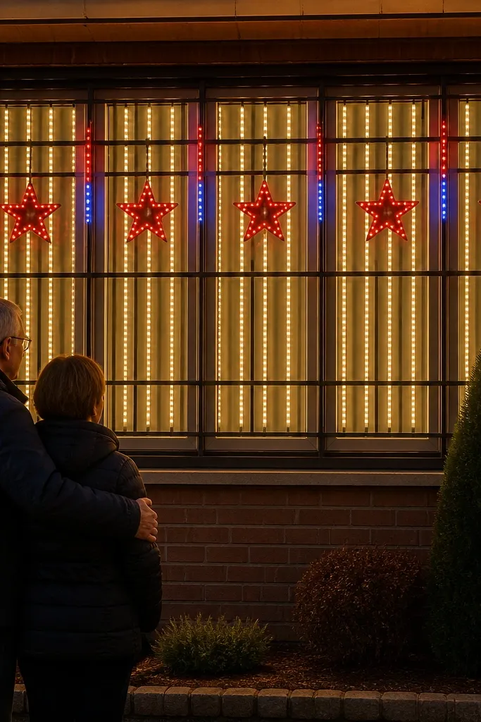 Modern window grill with star cutouts and stripe-like light lines in warm and red accents