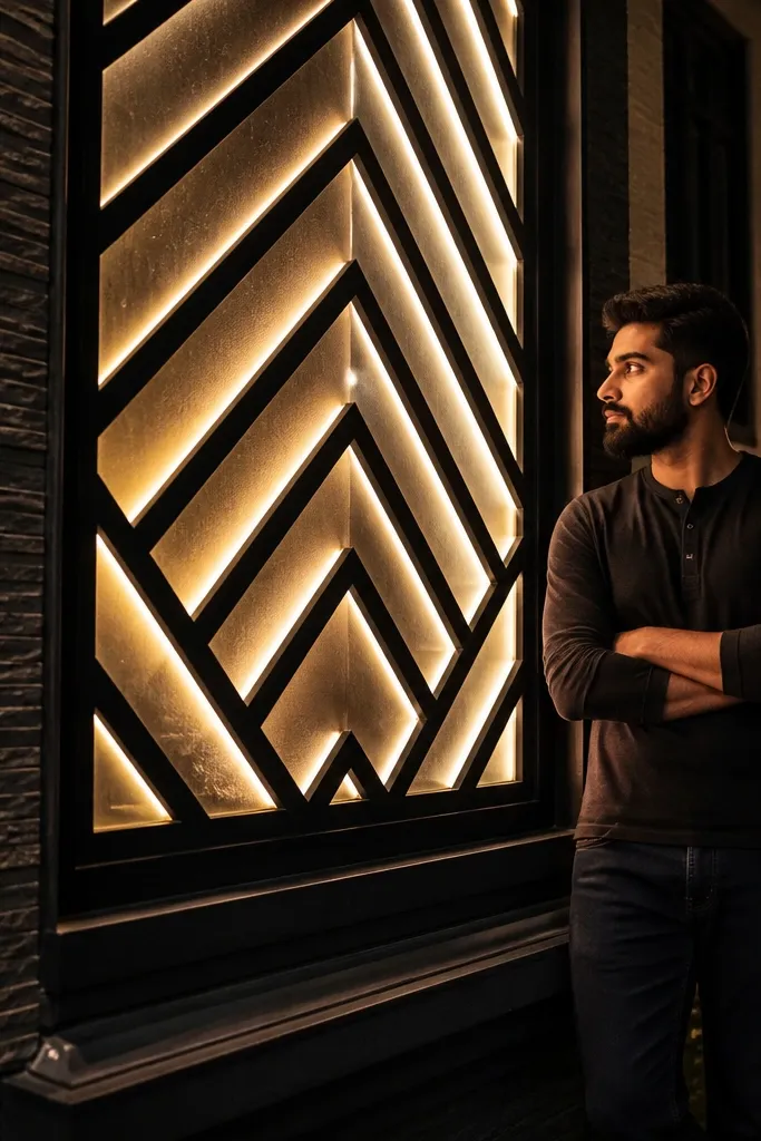 Black chevron window grill with a sunburst effect from warm lights near the edges