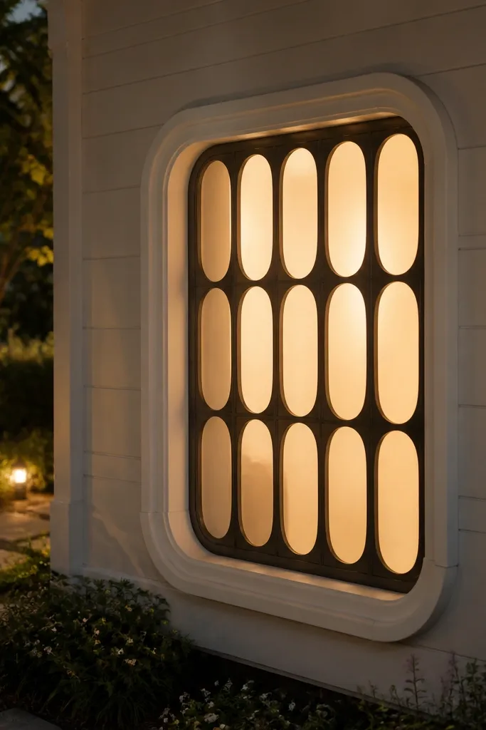 Minimal window grill with repeating oval cutouts and soft warm glow behind it
