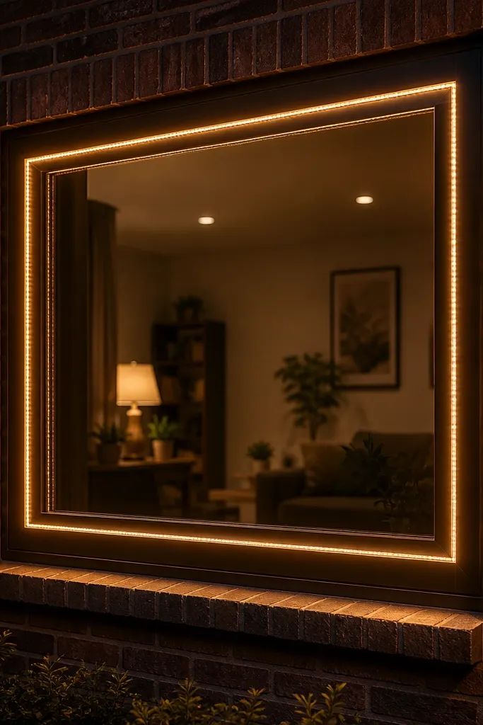 Dark bronze window grill with a rope-like warm light line following the inner border