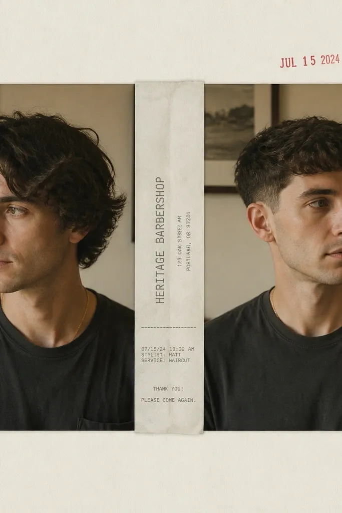 Two side-by-side photos of him: left shows hair slightly longer, right shows a fresh haircut. A thin vertical strip of receipt paper runs between the photos with the store name visible, and a small stamped date sits above the right photo.