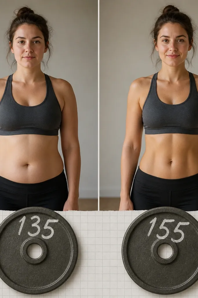 A before and after workout photo pair sits at the top. Below them are two cutouts of small weight plates with handwritten numbers, and a strip of graph paper runs behind the numbers in light gray.