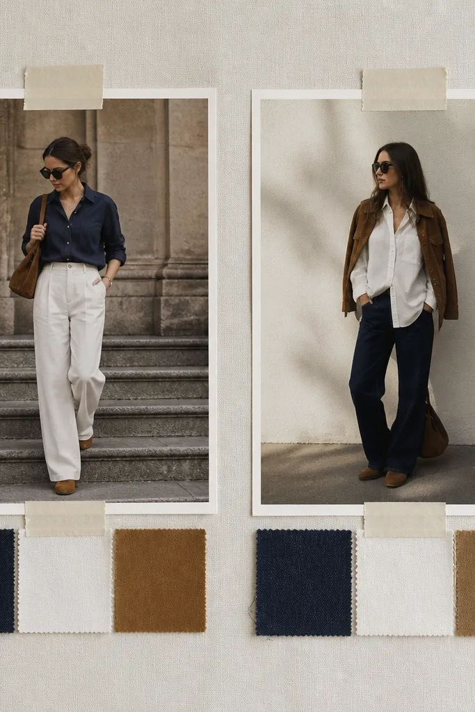 Two small outfit photos are shown, left and right. A thin row of fabric swatches (navy denim, white cotton, tan suede) is taped under each photo, with tiny stitched edges visible on the swatches.