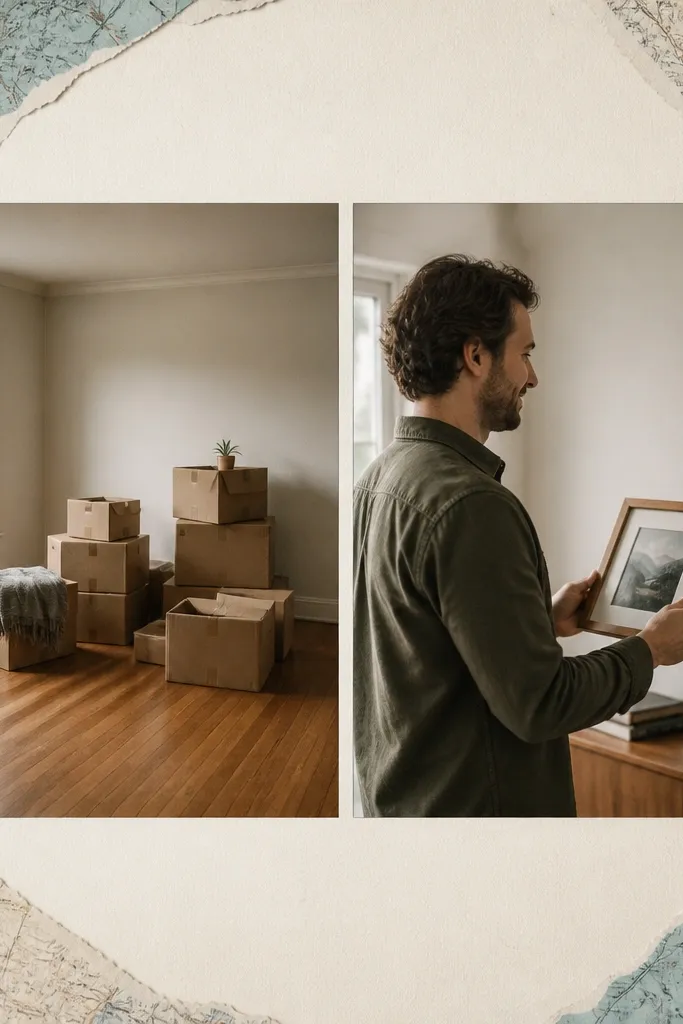 A before photo of boxes in an empty room sits on the left. On the right is a photo of him holding a framed photo in a new place. Torn street map corners appear around the edges in muted blue and cream.