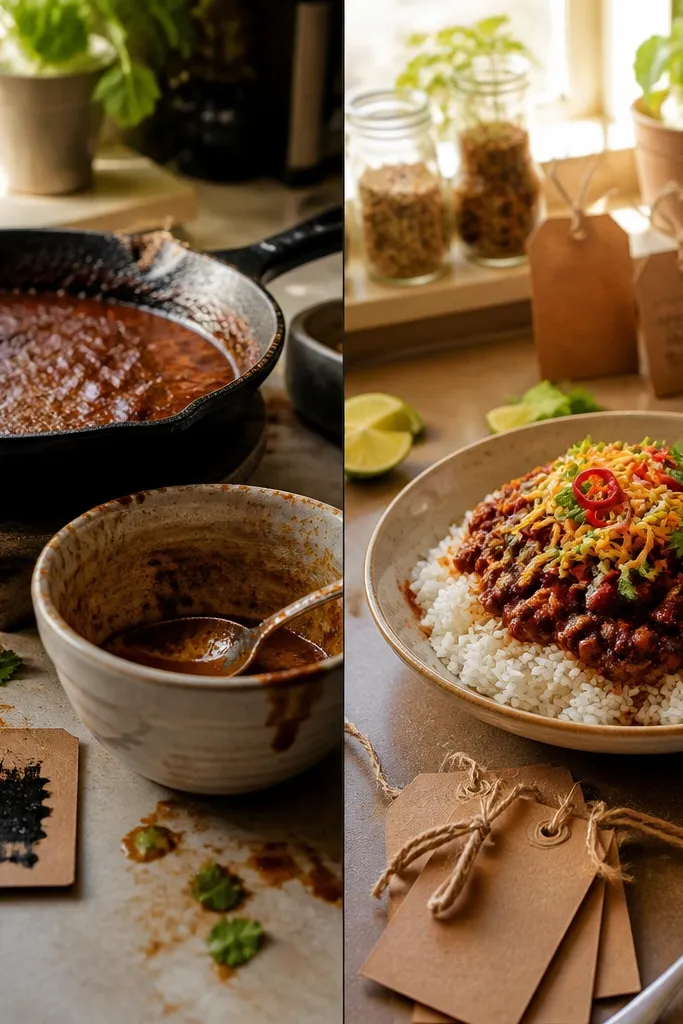 Two photos of a meal: left looks messy and under-seasoned, right looks plated neatly. Under the right photo is a row of small cards with spice names written in neat block letters.