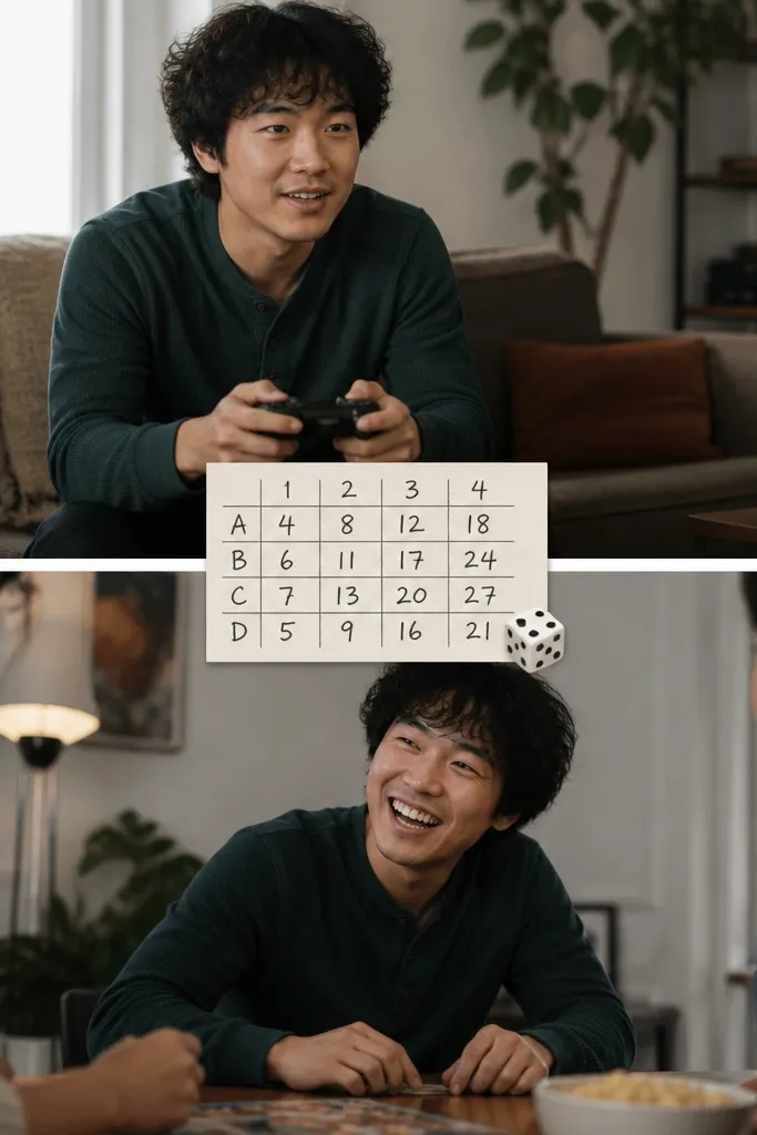 Two game night photos show him with a controller and then laughing across a table. A small scoreboard graphic sits between them with handwritten scores and a tiny dice icon.
