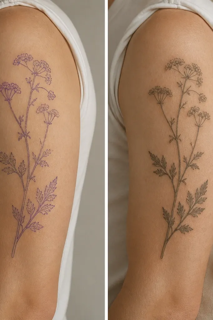 A before photo shows a stencil on his skin. An after photo shows the finished tattoo slightly healed. A small circular wax-seal style sticker sits near the after image, with a stamped symbol.