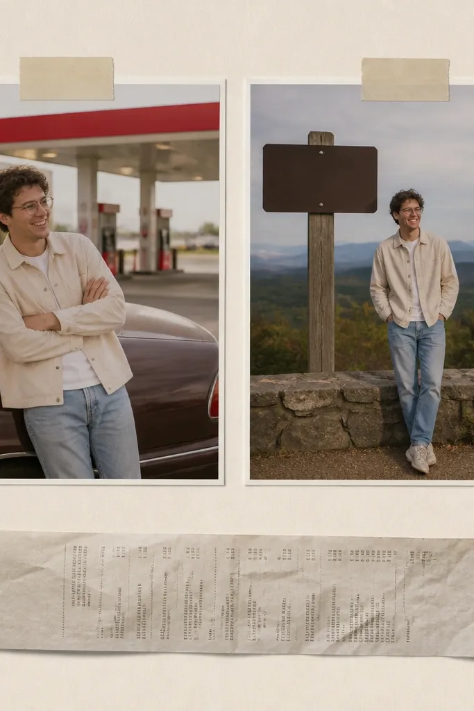 Left photo shows him by the car with the gas pump area in the background. Right photo shows him at a scenic rest stop with a sign. A long gas receipt is taped horizontally under the right photo.